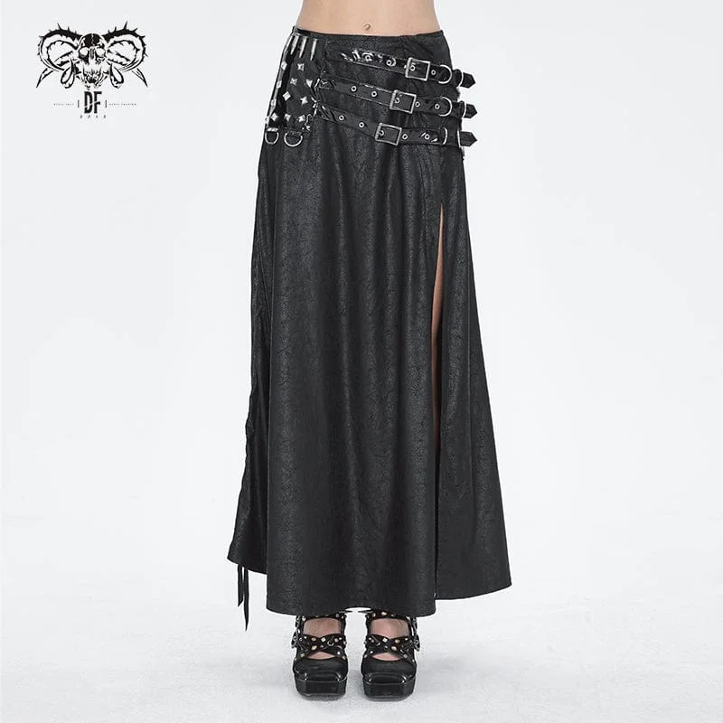 Women's Gothic Buckle Stud Side Slit Long Skirt velvet skirt sumptuous