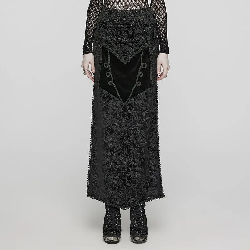 Women's Gothic Jacquard Side Slit Lace-Up Long Skirt silk skirt lustrous