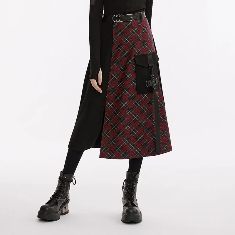 Women's Grunge Big-pocket Plaid Splice Skirt denim skirt stylish