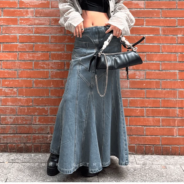 Women's Grunge Multi-pocket Denim Fishtail Skirt elastic waist skirt