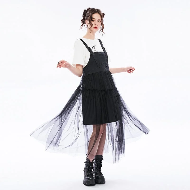 Women's Punk Mesh Splice Suspender Skirt linen skirt airy