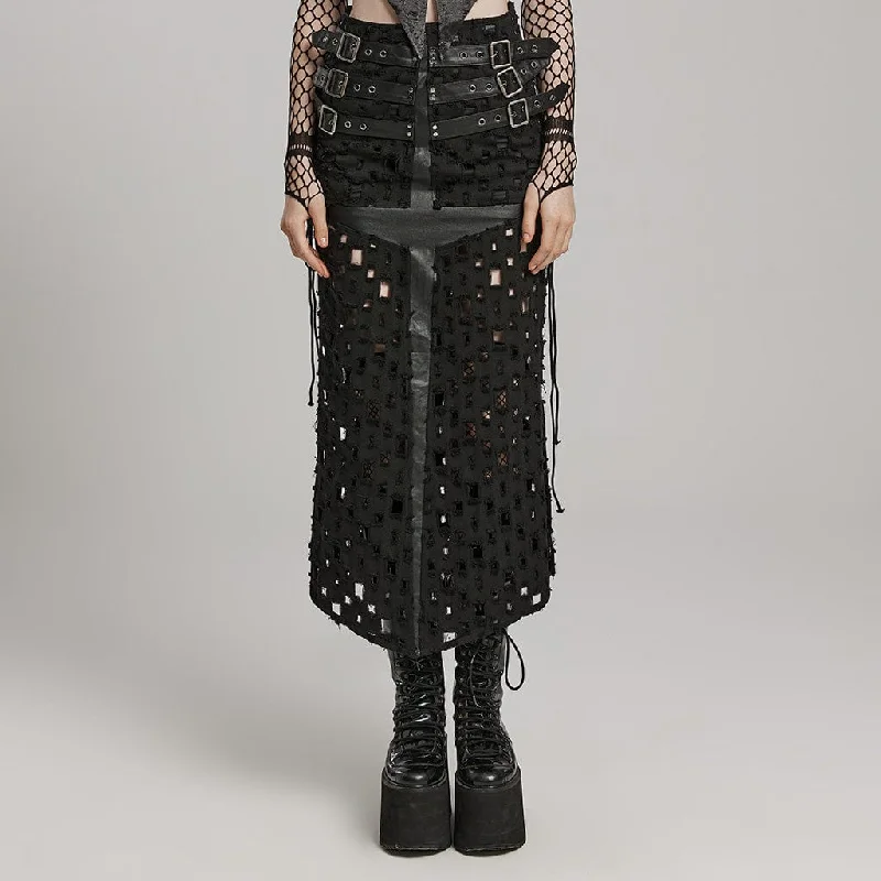 Women's Punk Ripped Buckle Lace-Up Long Skirt chiffon skirt airy