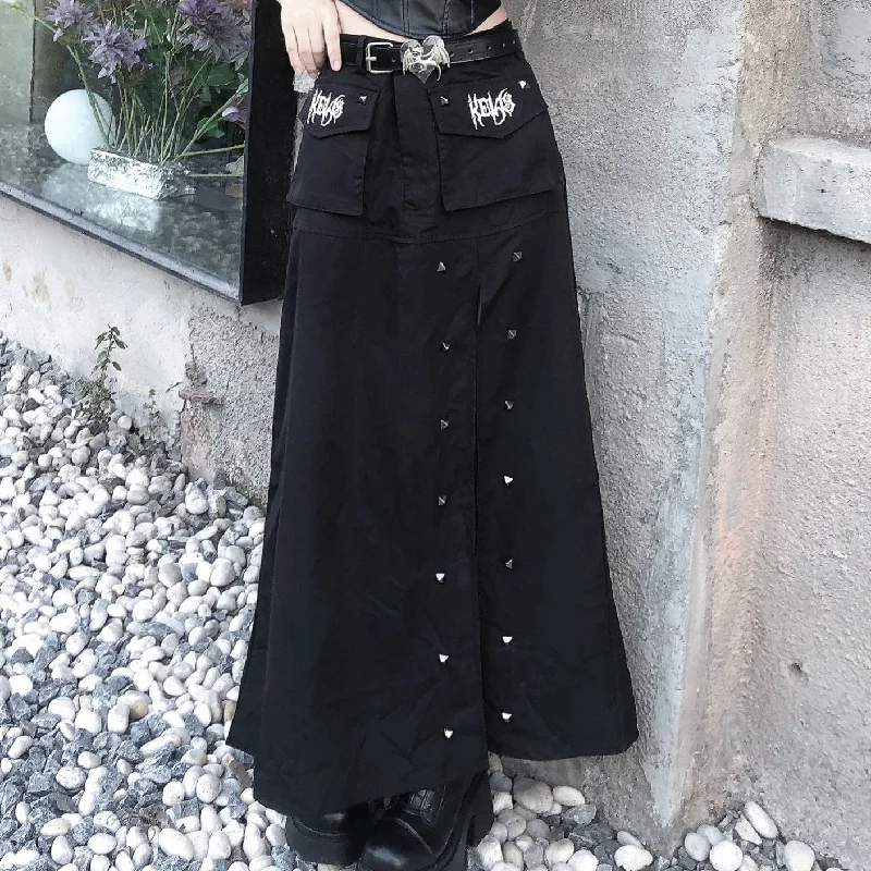 Women's Punk Rivet Slit Maxi Skirt leather skirt bold